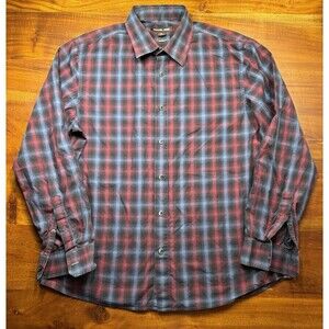 Michael Kors Men Shirt Size XL Red Blue Plaid Long Sleeve Tailored Fit Button